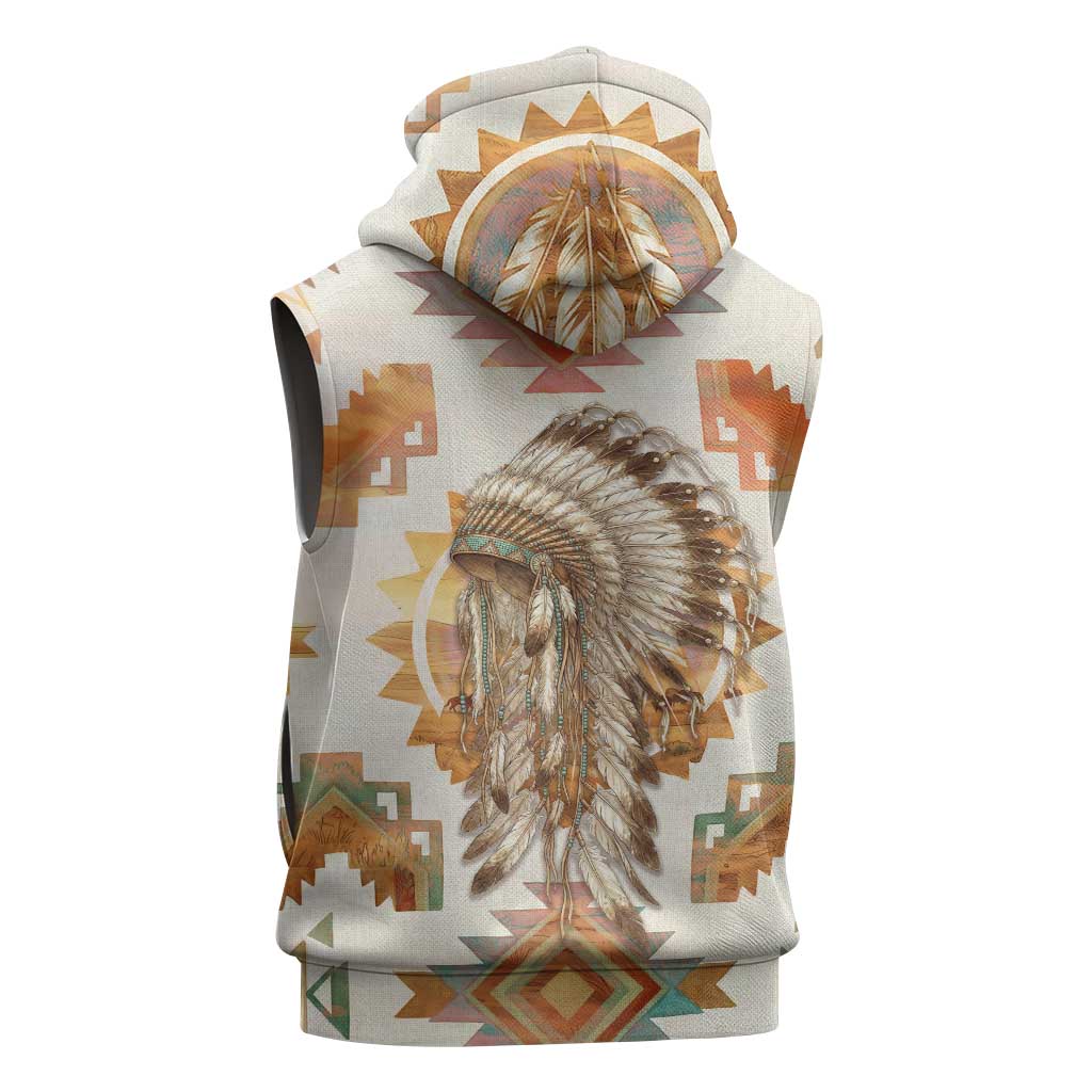 Native American Headdress and Tomahawk Sleeveless Zip Hoodie with 1492 Symbolic Date Traditional Feather Motif Indigenous Heritage - Wonder Print Shop