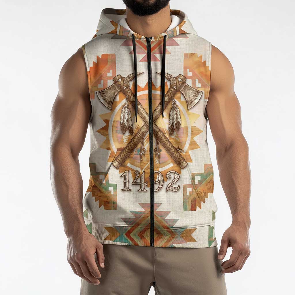 Native American Headdress and Tomahawk Sleeveless Zip Hoodie with 1492 Symbolic Date Traditional Feather Motif Indigenous Heritage - Wonder Print Shop