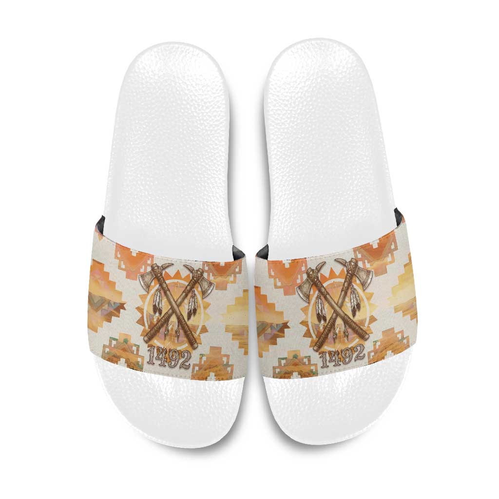 Native American Headdress and Tomahawk Slide Sandals with 1492 Symbolic Date Traditional Feather Motif Indigenous Heritage - Wonder Print Shop