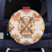 Native American Headdress and Tomahawk Spare Tire Cover with 1492 Symbolic Date Traditional Feather Motif Indigenous Heritage - Wonder Print Shop