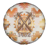 Native American Headdress and Tomahawk Spare Tire Cover with 1492 Symbolic Date Traditional Feather Motif Indigenous Heritage - Wonder Print Shop