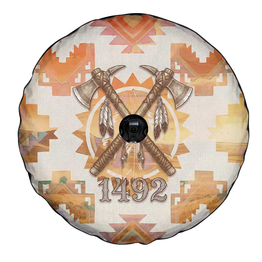 Native American Headdress and Tomahawk Spare Tire Cover with 1492 Symbolic Date Traditional Feather Motif Indigenous Heritage - Wonder Print Shop