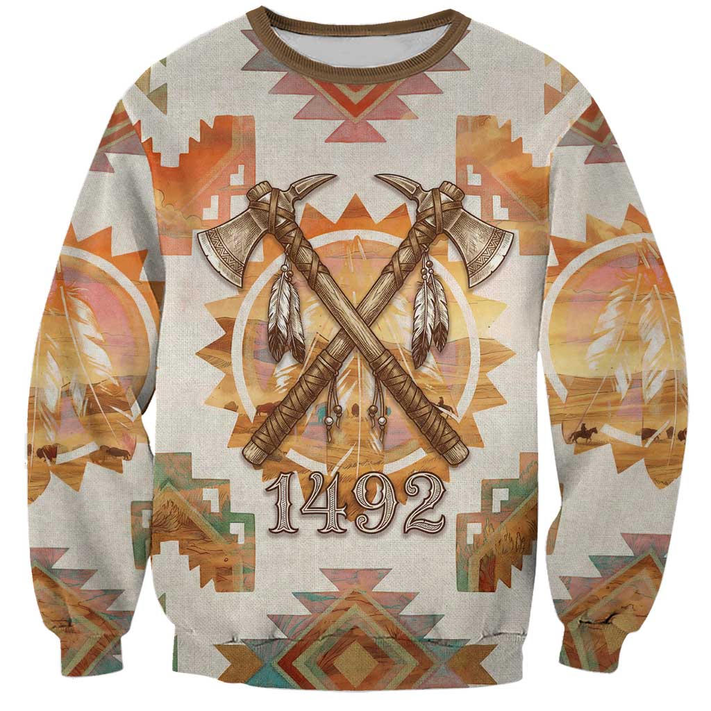 Native American Headdress and Tomahawk Sweatshirt with 1492 Symbolic Date Traditional Feather Motif Indigenous Heritage - Wonder Print Shop