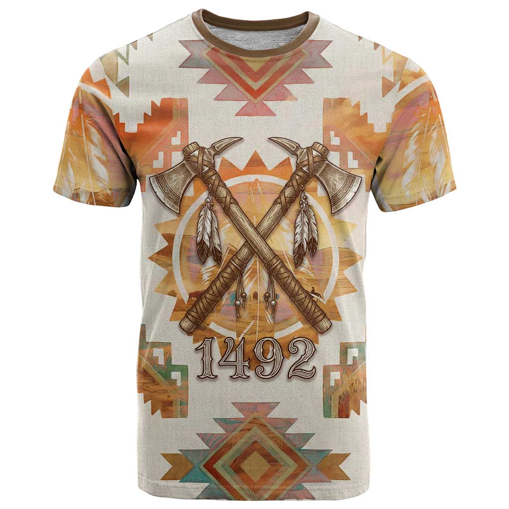 Native American Headdress and Tomahawk T Shirt with 1492 Symbolic Date Traditional Feather Motif Indigenous Heritage - Wonder Print Shop