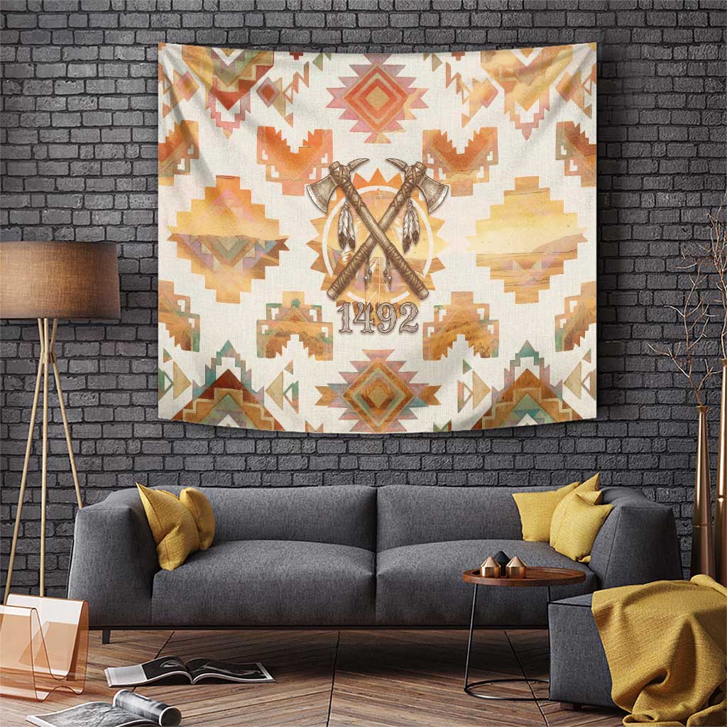 Native American Headdress and Tomahawk Tapestry with 1492 Symbolic Date Traditional Feather Motif Indigenous Heritage - Wonder Print Shop