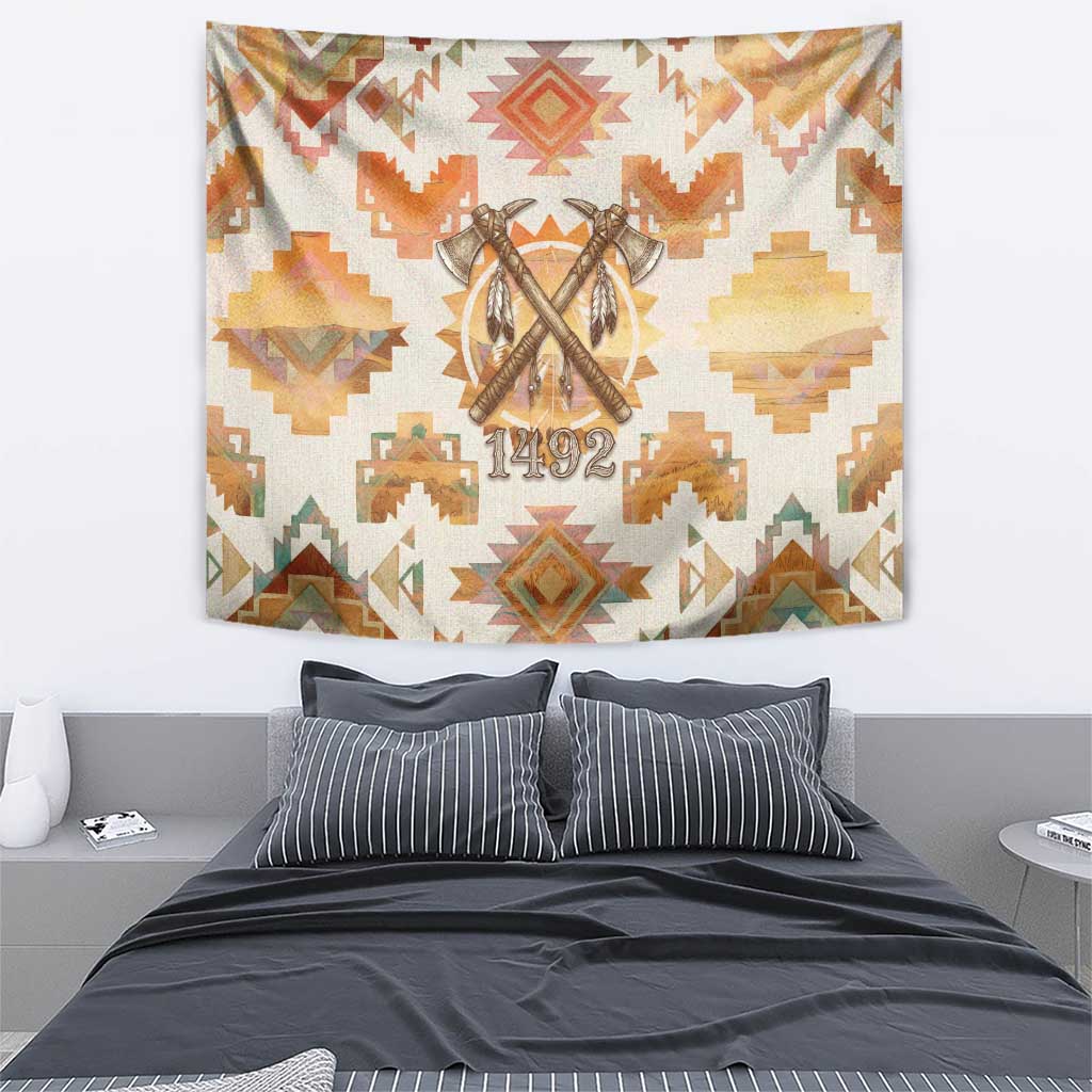 Native American Headdress and Tomahawk Tapestry with 1492 Symbolic Date Traditional Feather Motif Indigenous Heritage - Wonder Print Shop