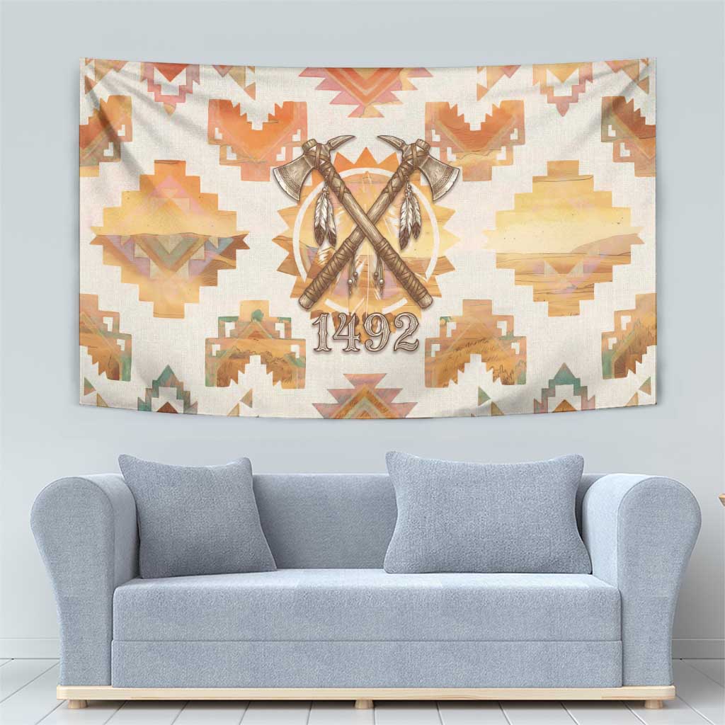 Native American Headdress and Tomahawk Tapestry with 1492 Symbolic Date Traditional Feather Motif Indigenous Heritage - Wonder Print Shop
