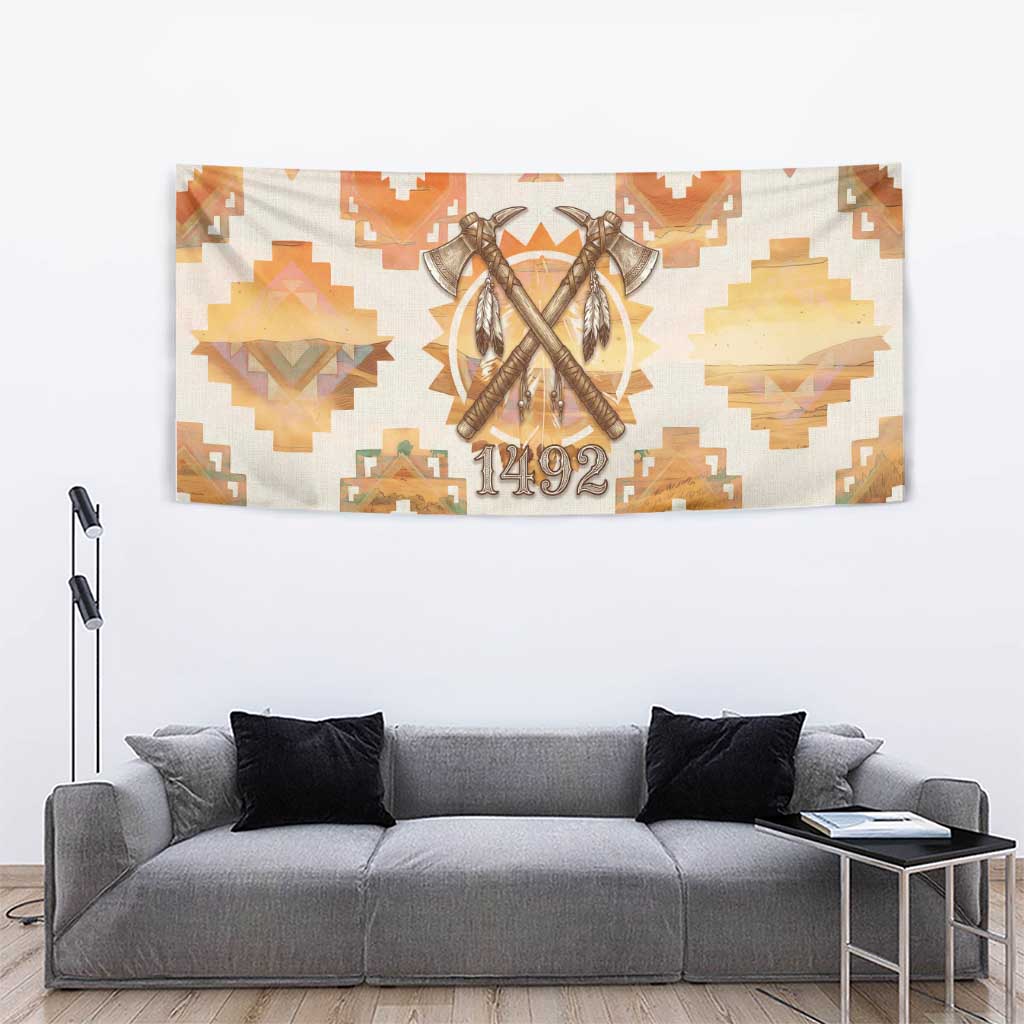 Native American Headdress and Tomahawk Tapestry with 1492 Symbolic Date Traditional Feather Motif Indigenous Heritage - Wonder Print Shop