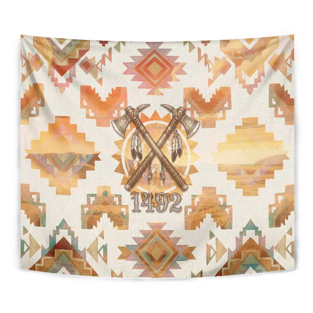 Native American Headdress and Tomahawk Tapestry with 1492 Symbolic Date Traditional Feather Motif Indigenous Heritage - Wonder Print Shop