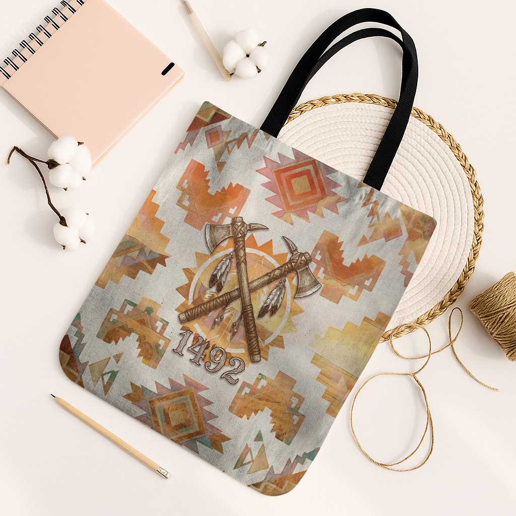 Native American Headdress and Tomahawk Tote Bag with 1492 Symbolic Date Traditional Feather Motif Indigenous Heritage - Wonder Print Shop