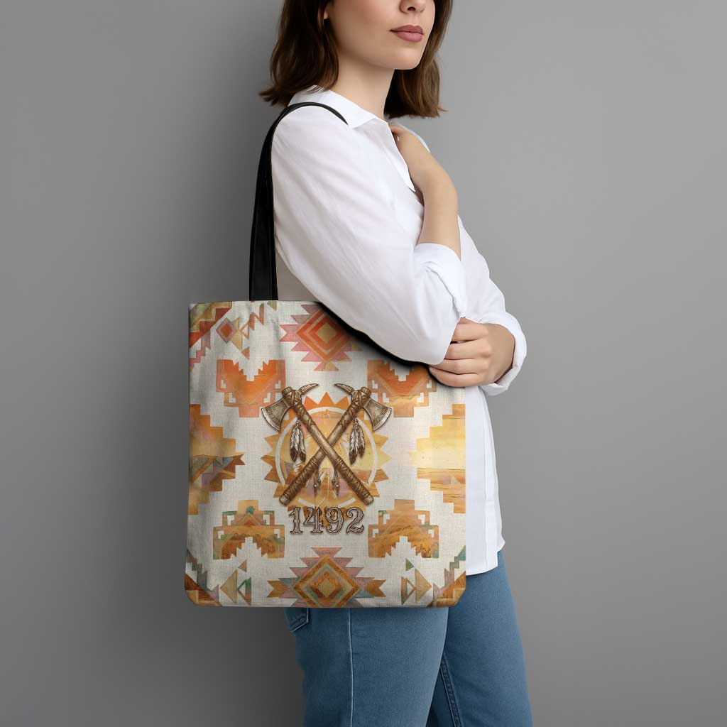 Native American Headdress and Tomahawk Tote Bag with 1492 Symbolic Date Traditional Feather Motif Indigenous Heritage - Wonder Print Shop