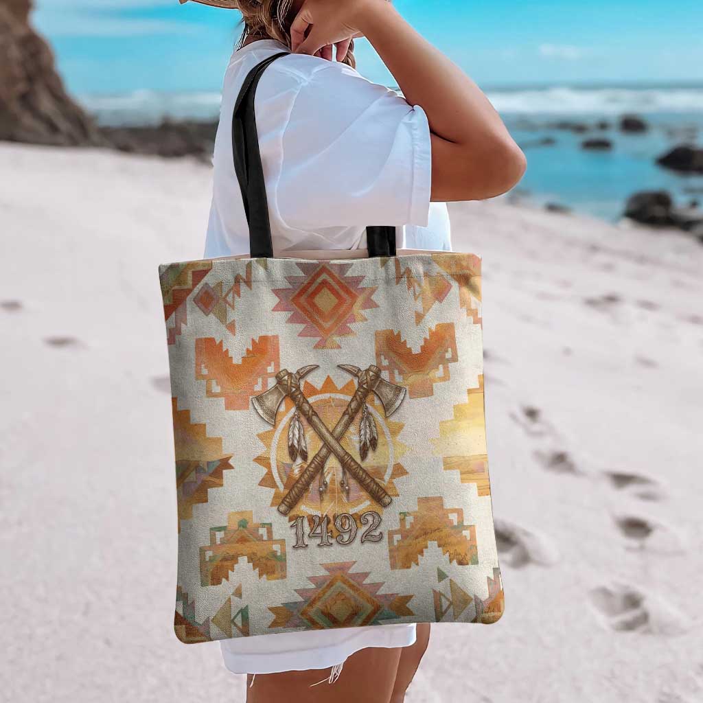 Native American Headdress and Tomahawk Tote Bag with 1492 Symbolic Date Traditional Feather Motif Indigenous Heritage - Wonder Print Shop