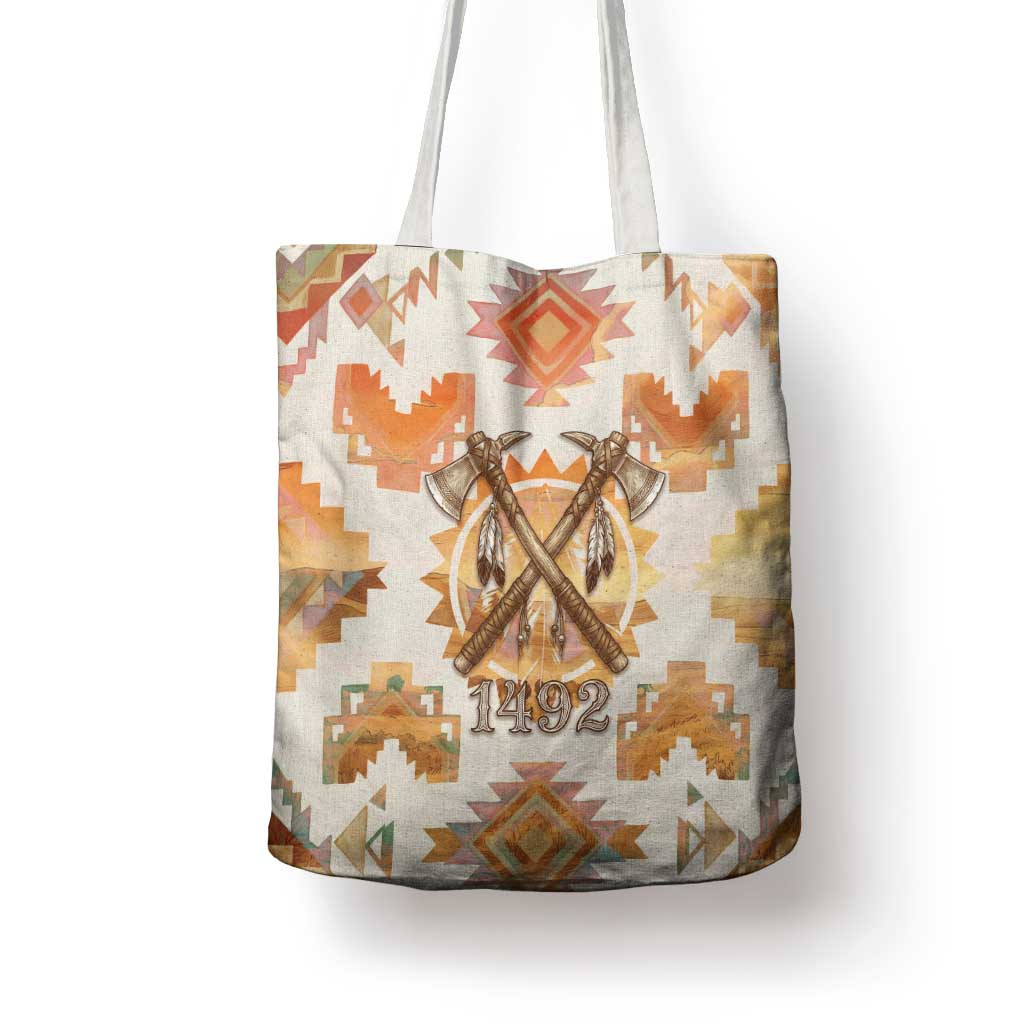 Native American Headdress and Tomahawk Tote Bag with 1492 Symbolic Date Traditional Feather Motif Indigenous Heritage - Wonder Print Shop
