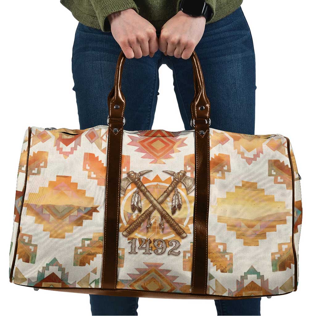 Native American Headdress and Tomahawk Travel Bag with 1492 Symbolic Date Traditional Feather Motif Indigenous Heritage - Wonder Print Shop