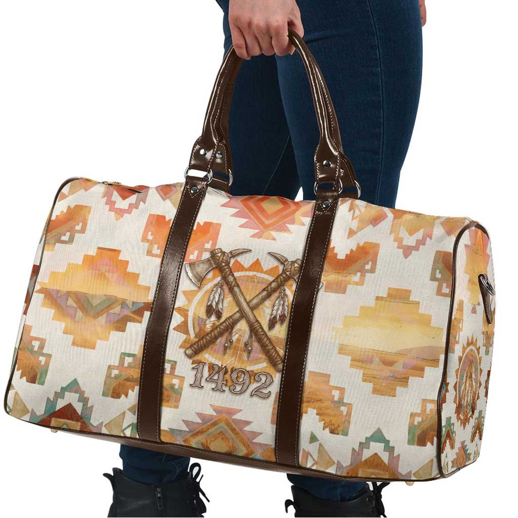 Native American Headdress and Tomahawk Travel Bag with 1492 Symbolic Date Traditional Feather Motif Indigenous Heritage - Wonder Print Shop