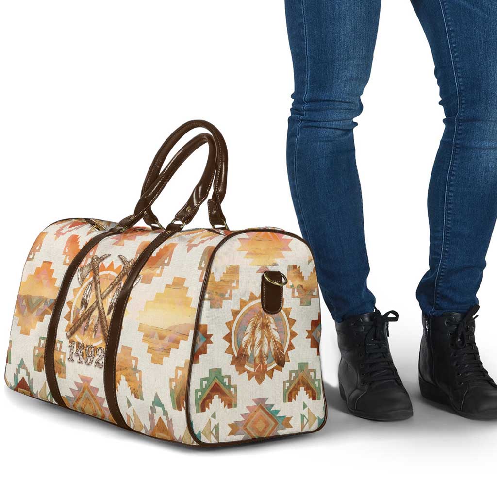 Native American Headdress and Tomahawk Travel Bag with 1492 Symbolic Date Traditional Feather Motif Indigenous Heritage - Wonder Print Shop