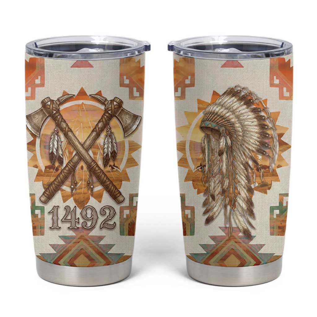 Native American Headdress and Tomahawk Tumbler Cup with 1492 Symbolic Date Traditional Feather Motif Indigenous Heritage - Wonder Print Shop