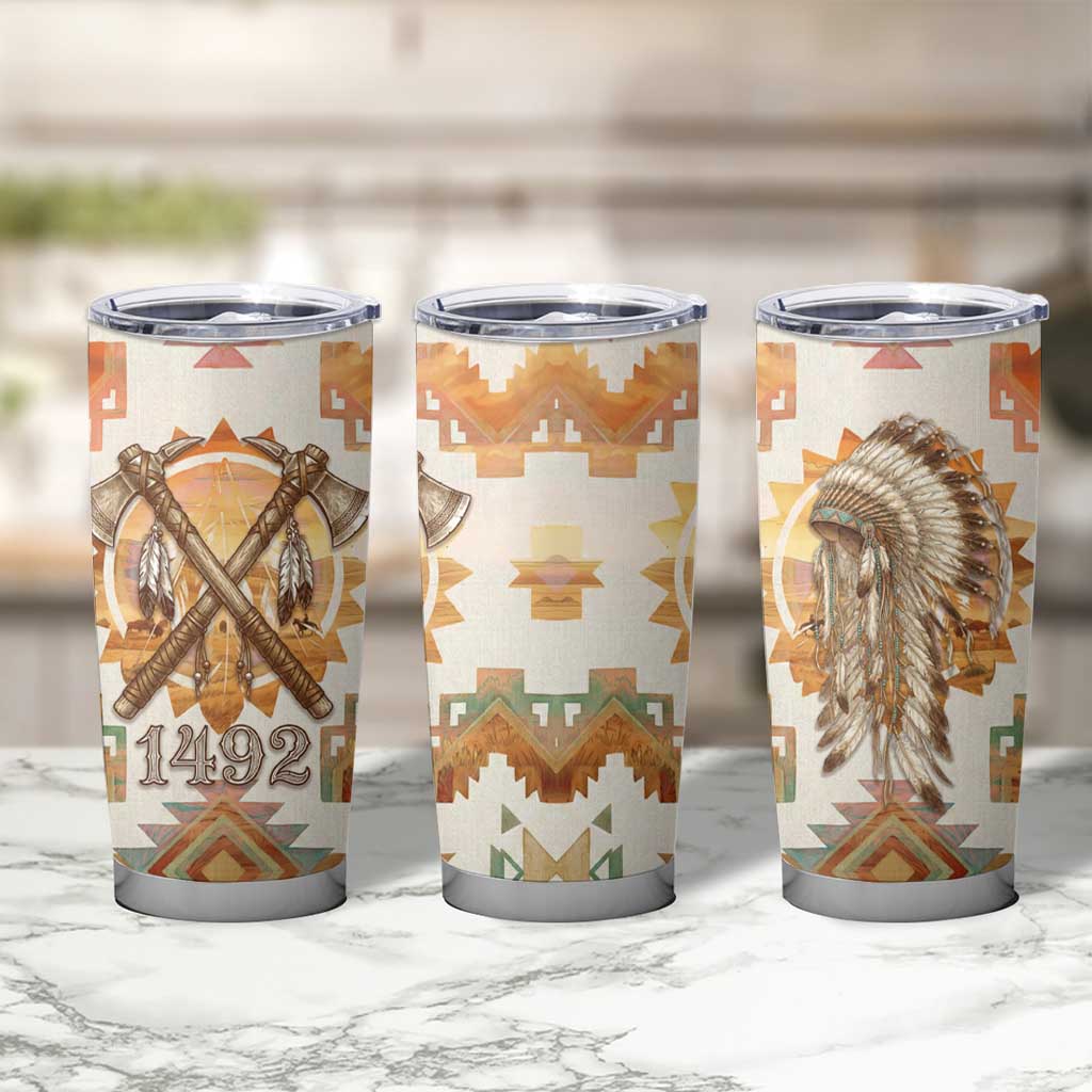Native American Headdress and Tomahawk Tumbler Cup with 1492 Symbolic Date Traditional Feather Motif Indigenous Heritage - Wonder Print Shop