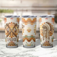 Native American Headdress and Tomahawk Tumbler Cup with 1492 Symbolic Date Traditional Feather Motif Indigenous Heritage - Wonder Print Shop