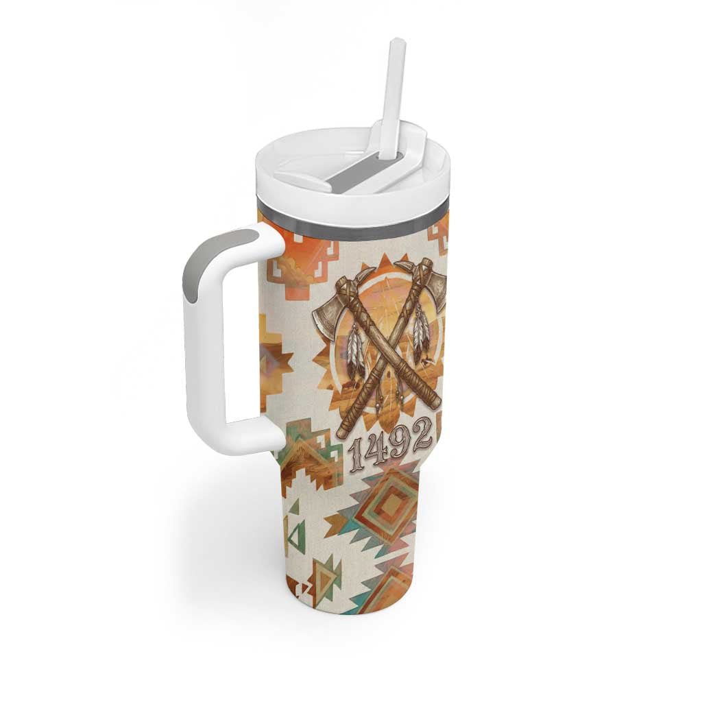 Native American Headdress and Tomahawk Tumbler With Handle with 1492 Symbolic Date Traditional Feather Motif Indigenous Heritage - Wonder Print Shop