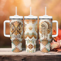 Native American Headdress and Tomahawk Tumbler With Handle with 1492 Symbolic Date Traditional Feather Motif Indigenous Heritage - Wonder Print Shop