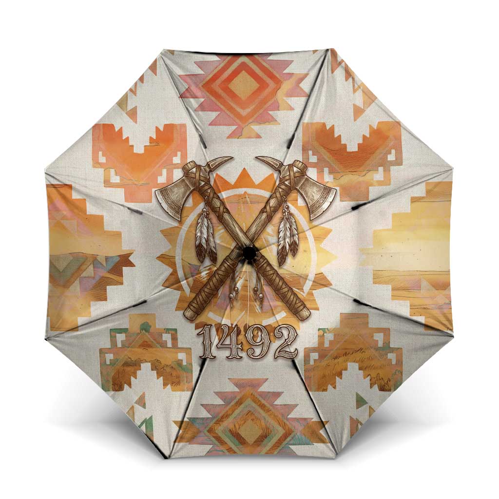 Native American Headdress and Tomahawk Umbrella with 1492 Symbolic Date Traditional Feather Motif Indigenous Heritage - undefined