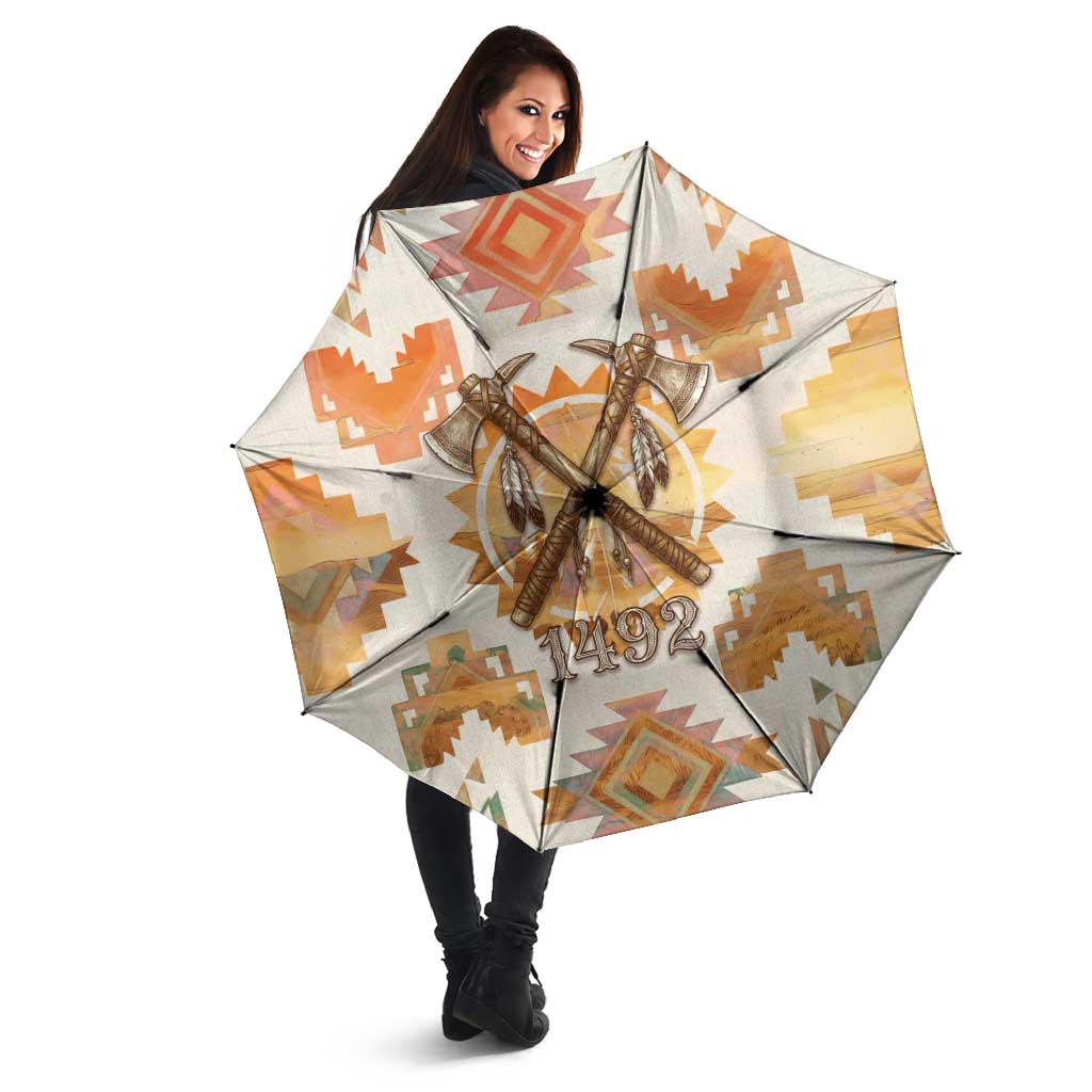 Native American Headdress and Tomahawk Umbrella with 1492 Symbolic Date Traditional Feather Motif Indigenous Heritage - undefined