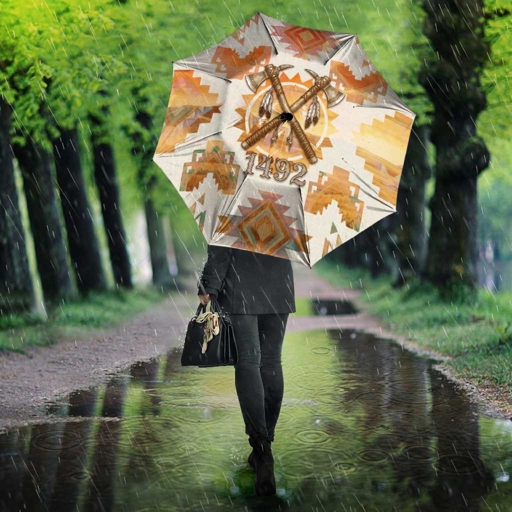 Native American Headdress and Tomahawk Umbrella with 1492 Symbolic Date Traditional Feather Motif Indigenous Heritage - undefined