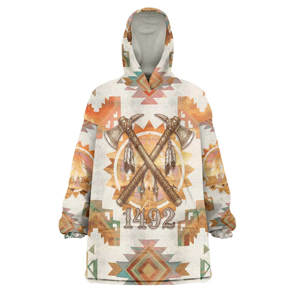 Native American Headdress and Tomahawk Wearable Blanket Hoodie with 1492 Symbolic Date Traditional Feather Motif Indigenous Heritage - Wonder Print Shop