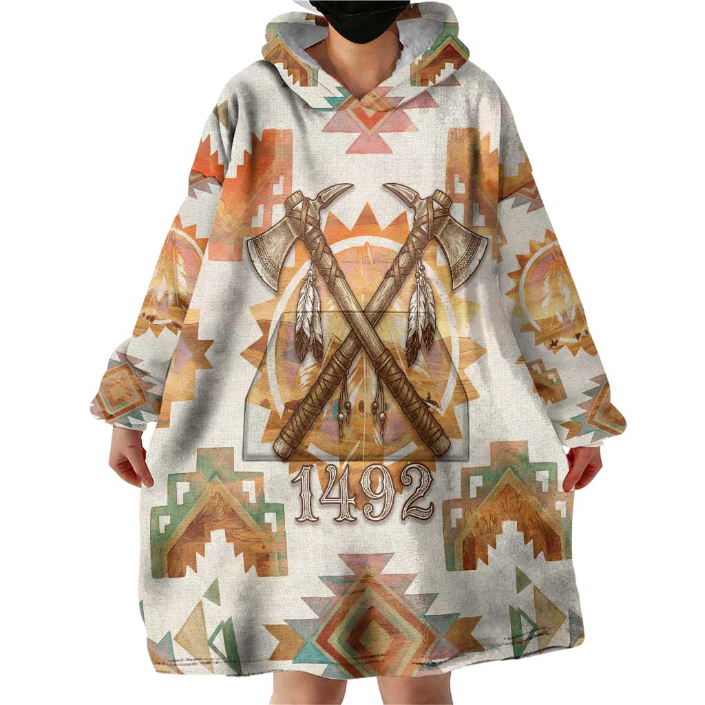 Native American Headdress and Tomahawk Wearable Blanket Hoodie with 1492 Symbolic Date Traditional Feather Motif Indigenous Heritage - Wonder Print Shop