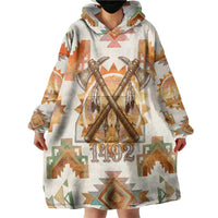 Native American Headdress and Tomahawk Wearable Blanket Hoodie with 1492 Symbolic Date Traditional Feather Motif Indigenous Heritage - Wonder Print Shop