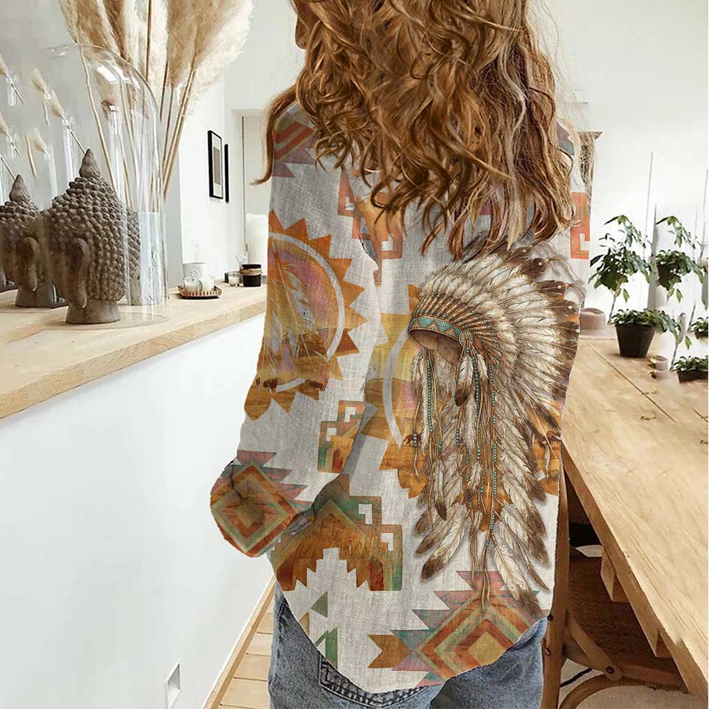 Native American Headdress and Tomahawk Women Casual Shirt with 1492 Symbolic Date Traditional Feather Motif Indigenous Heritage - Wonder Print Shop