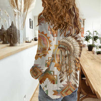 Native American Headdress and Tomahawk Women Casual Shirt with 1492 Symbolic Date Traditional Feather Motif Indigenous Heritage - Wonder Print Shop