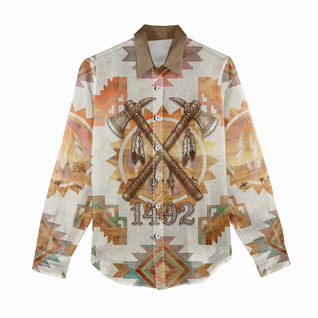 Native American Headdress and Tomahawk Women Casual Shirt with 1492 Symbolic Date Traditional Feather Motif Indigenous Heritage - Wonder Print Shop