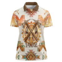 Native American Headdress and Tomahawk Women Polo Shirt with 1492 Symbolic Date Traditional Feather Motif Indigenous Heritage - Wonder Print Shop