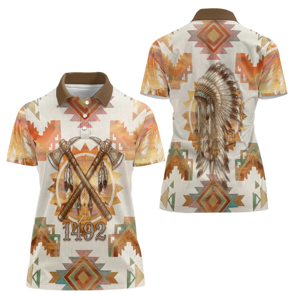 Native American Headdress and Tomahawk Women Polo Shirt with 1492 Symbolic Date Traditional Feather Motif Indigenous Heritage - Wonder Print Shop