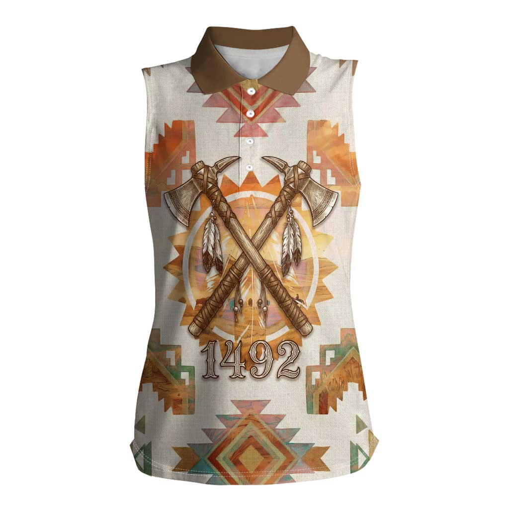 Native American Headdress and Tomahawk Women Sleeveless Polo Shirt with 1492 Symbolic Date Traditional Feather Motif Indigenous Heritage - Wonder Print Shop