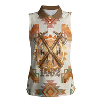 Native American Headdress and Tomahawk Women Sleeveless Polo Shirt with 1492 Symbolic Date Traditional Feather Motif Indigenous Heritage - Wonder Print Shop