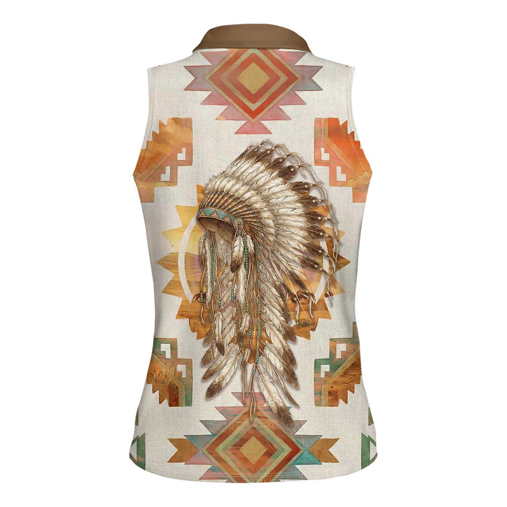 Native American Headdress and Tomahawk Women Sleeveless Polo Shirt with 1492 Symbolic Date Traditional Feather Motif Indigenous Heritage - Wonder Print Shop