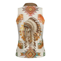 Native American Headdress and Tomahawk Women Sleeveless Polo Shirt with 1492 Symbolic Date Traditional Feather Motif Indigenous Heritage - Wonder Print Shop