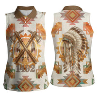 Native American Headdress and Tomahawk Women Sleeveless Polo Shirt with 1492 Symbolic Date Traditional Feather Motif Indigenous Heritage - Wonder Print Shop