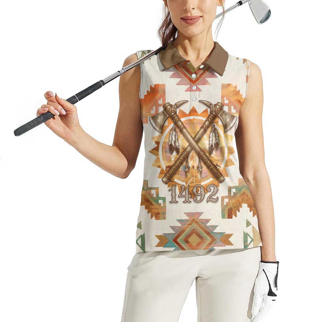 Native American Headdress and Tomahawk Women Sleeveless Polo Shirt with 1492 Symbolic Date Traditional Feather Motif Indigenous Heritage - Wonder Print Shop