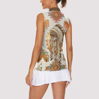 Native American Headdress and Tomahawk Women Sleeveless Polo Shirt with 1492 Symbolic Date Traditional Feather Motif Indigenous Heritage - Wonder Print Shop