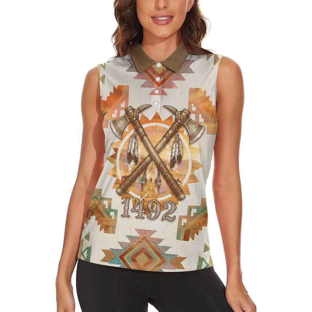 Native American Headdress and Tomahawk Women Sleeveless Polo Shirt with 1492 Symbolic Date Traditional Feather Motif Indigenous Heritage - Wonder Print Shop
