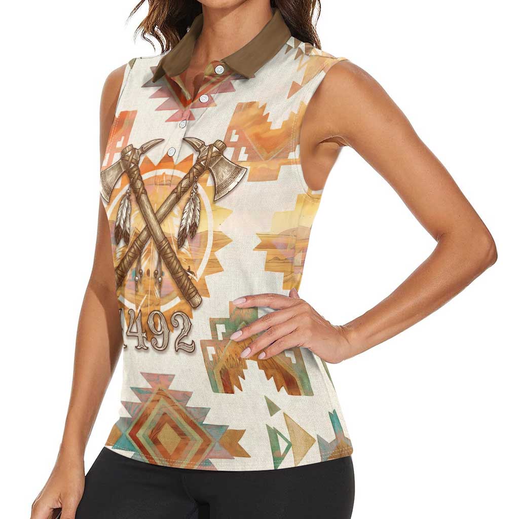 Native American Headdress and Tomahawk Women Sleeveless Polo Shirt with 1492 Symbolic Date Traditional Feather Motif Indigenous Heritage - Wonder Print Shop