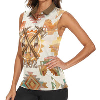 Native American Headdress and Tomahawk Women Sleeveless Polo Shirt with 1492 Symbolic Date Traditional Feather Motif Indigenous Heritage - Wonder Print Shop