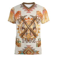 Native American Headdress and Tomahawk Women V-Neck T-Shirt with 1492 Symbolic Date Traditional Feather Motif Indigenous Heritage - Wonder Print Shop