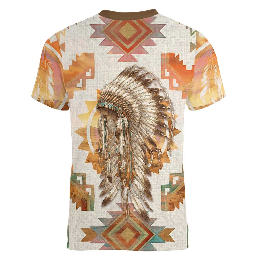Native American Headdress and Tomahawk Women V-Neck T-Shirt with 1492 Symbolic Date Traditional Feather Motif Indigenous Heritage - Wonder Print Shop