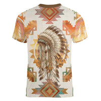 Native American Headdress and Tomahawk Women V-Neck T-Shirt with 1492 Symbolic Date Traditional Feather Motif Indigenous Heritage - Wonder Print Shop