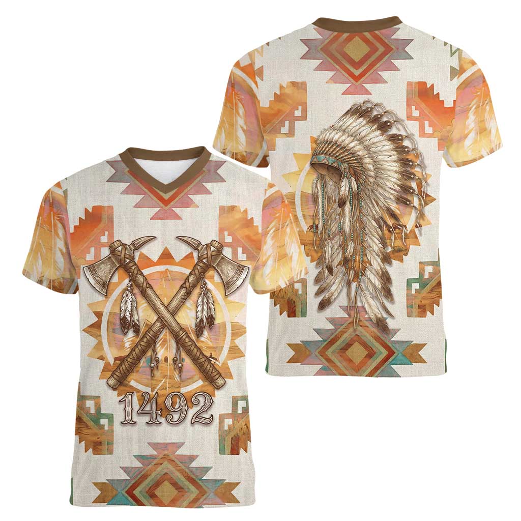 Native American Headdress and Tomahawk Women V-Neck T-Shirt with 1492 Symbolic Date Traditional Feather Motif Indigenous Heritage - Wonder Print Shop